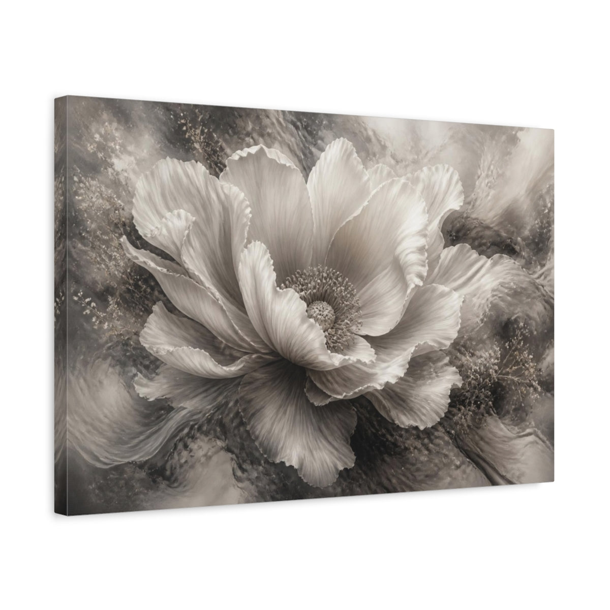 Side Mockup 3. Dreamlike Monochrome Bloom shown as canvas print