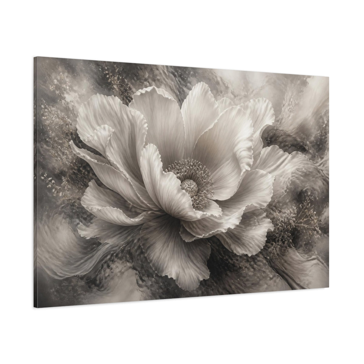 Side Mockup 1. Dreamlike Monochrome Bloom shown as canvas print