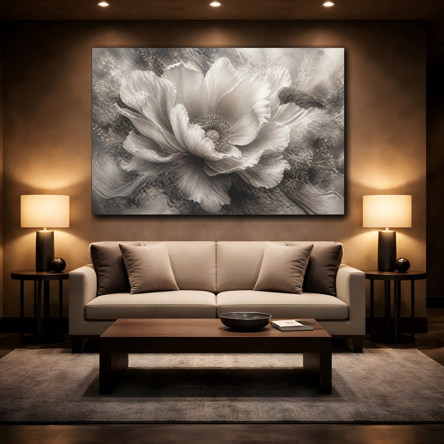 Mockup 2. Dreamlike Monochrome Bloom shown as canvas print
