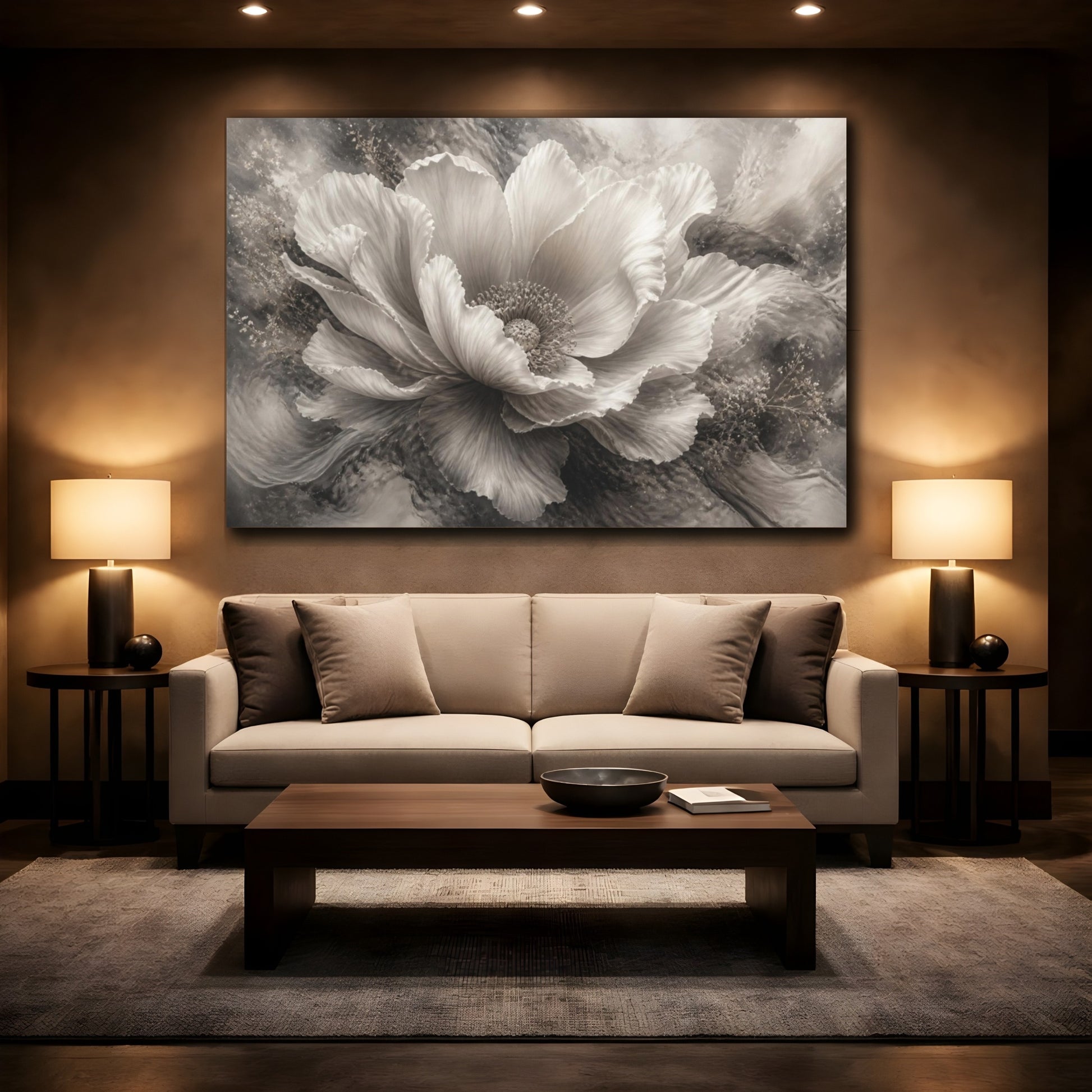 Mockup 2. Dreamlike Monochrome Bloom shown as canvas print