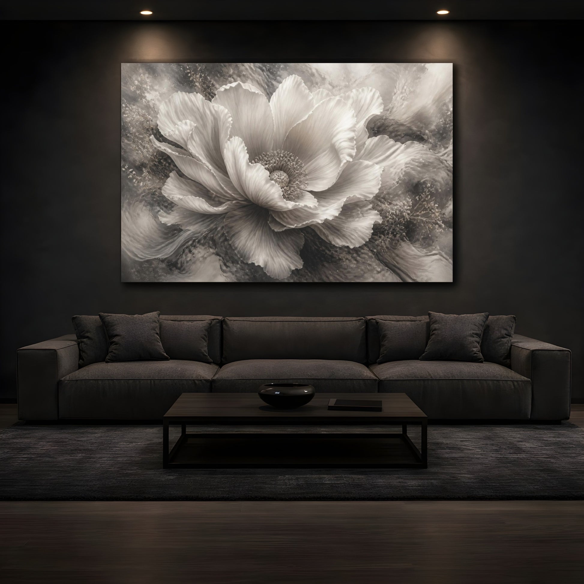 Mockup 3. Dreamlike Monochrome Bloom shown as canvas print
