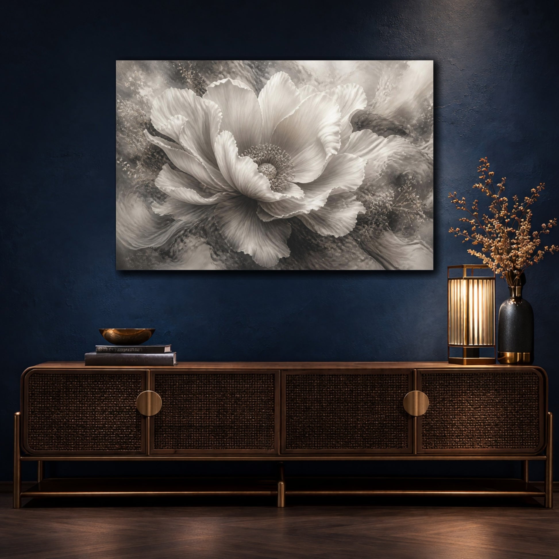 Mockup 4. Dreamlike Monochrome Bloom shown as canvas print
