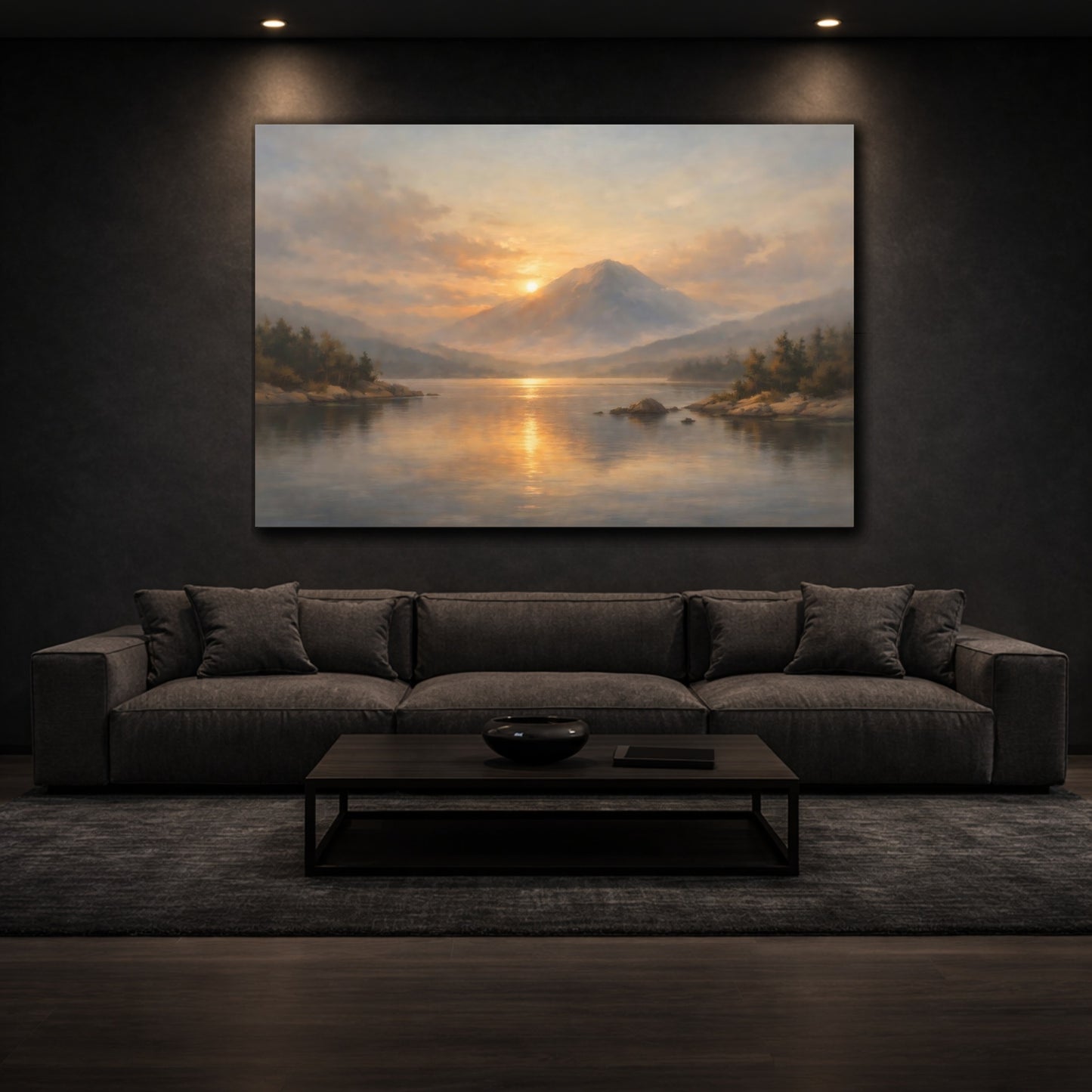 Mockup 2. Dreamscape Minimal Room Wide Calm Scene shown as stretched canvas wall art