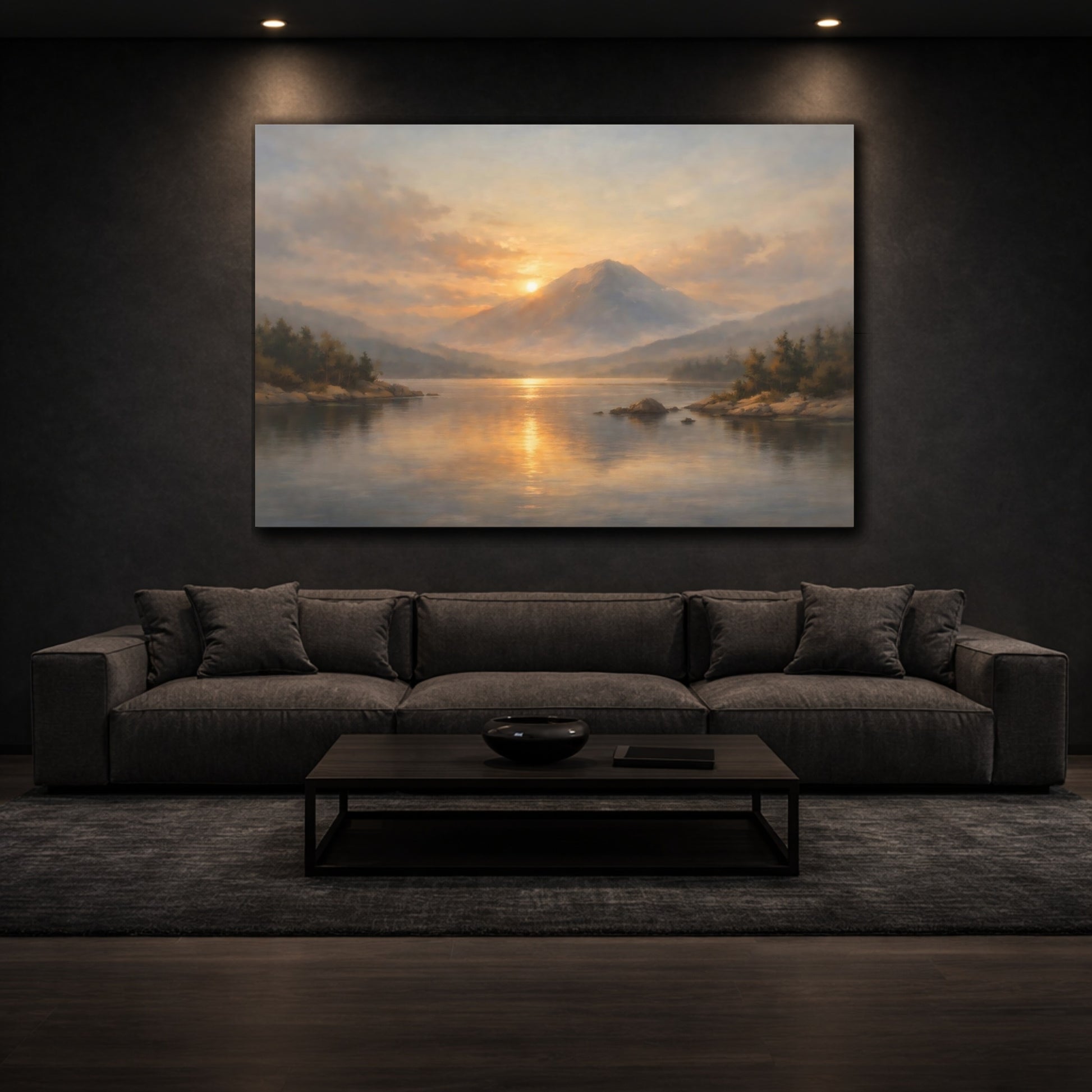 Mockup 2. Dreamscape Minimal Room Wide Calm Scene shown as stretched canvas wall art