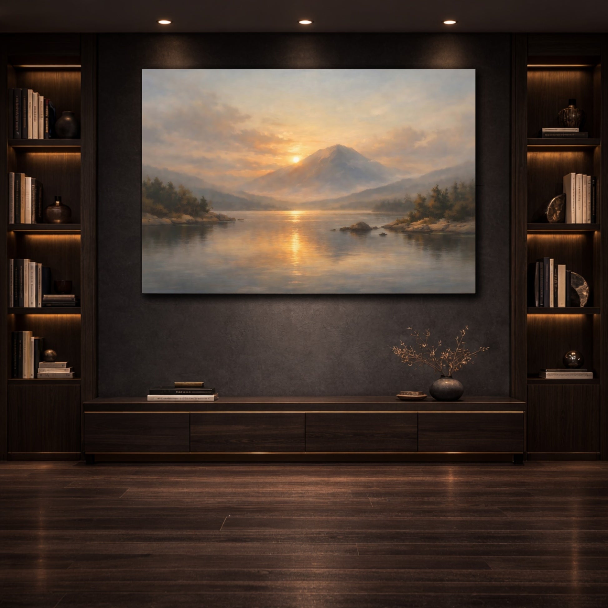 Mockup 3. Dreamscape Minimal Room Wide Calm Scene shown as stretched canvas wall art