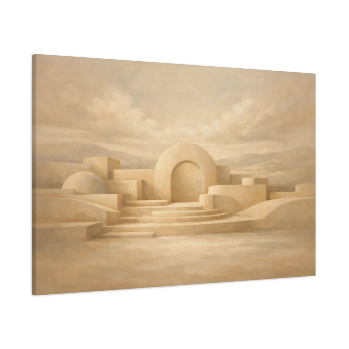 Main Mockup. Dreamscape Warm Beige Sculpted Line Composition shown as stretched canvas wall art