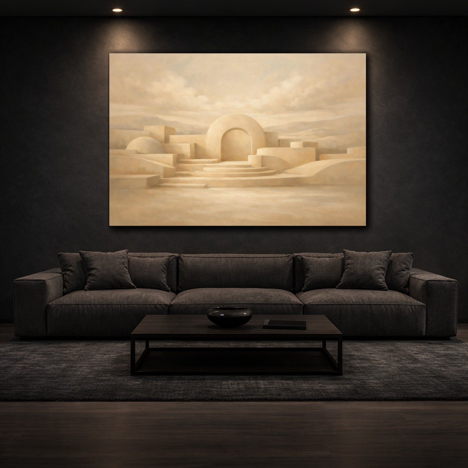 Mockup 2. Dreamscape Warm Beige Sculpted Line Composition shown as stretched canvas wall art