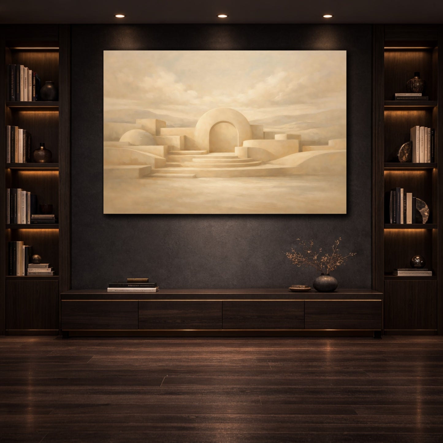 Mockup 3. Dreamscape Warm Beige Sculpted Line Composition shown as stretched canvas wall art