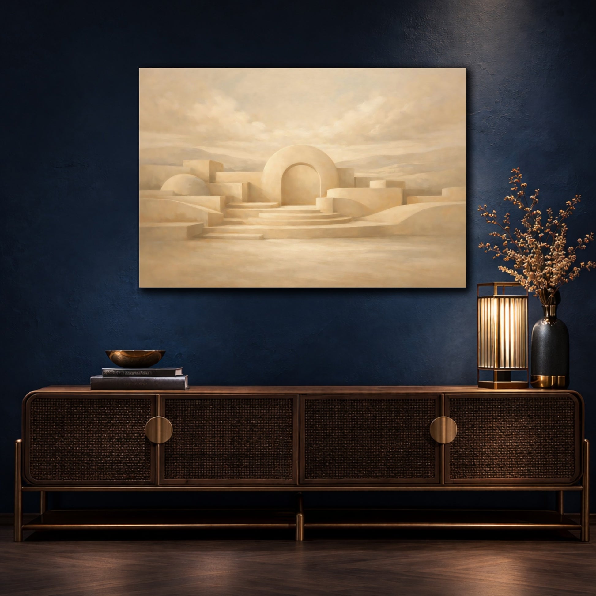 Mockup 4. Dreamscape Warm Beige Sculpted Line Composition shown as stretched canvas wall art