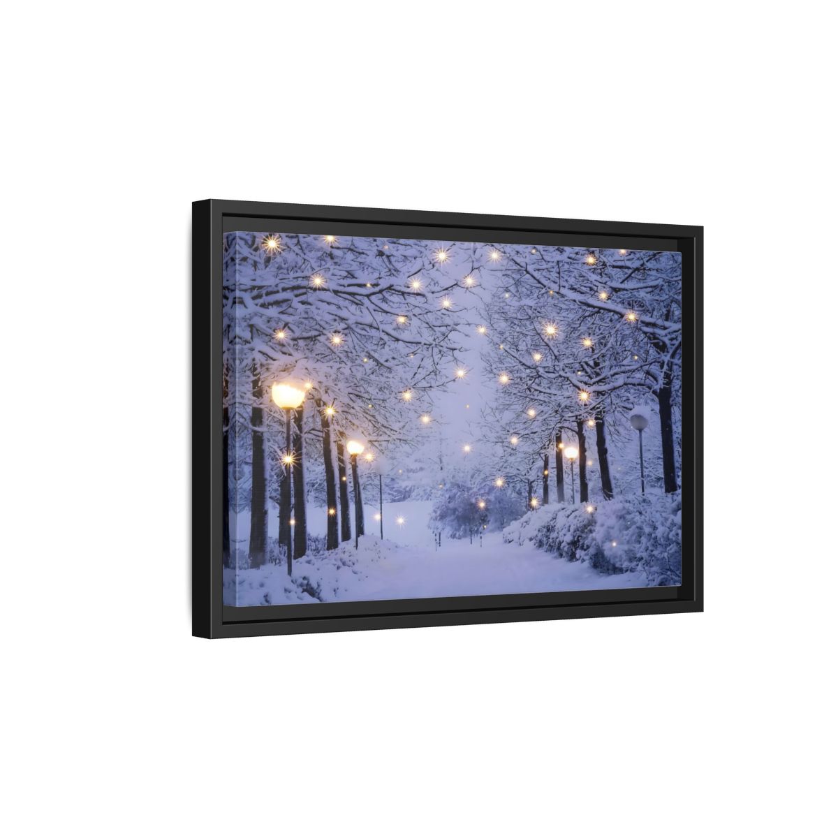 Side Mockup 6. Nature Snowy Forest Snowy Forest Lights shown as stretched canvas wall art