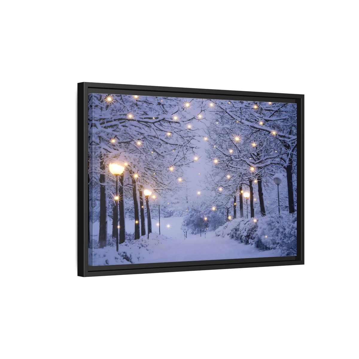 Side Mockup 3. Nature Snowy Forest Snowy Forest Lights shown as stretched canvas wall art