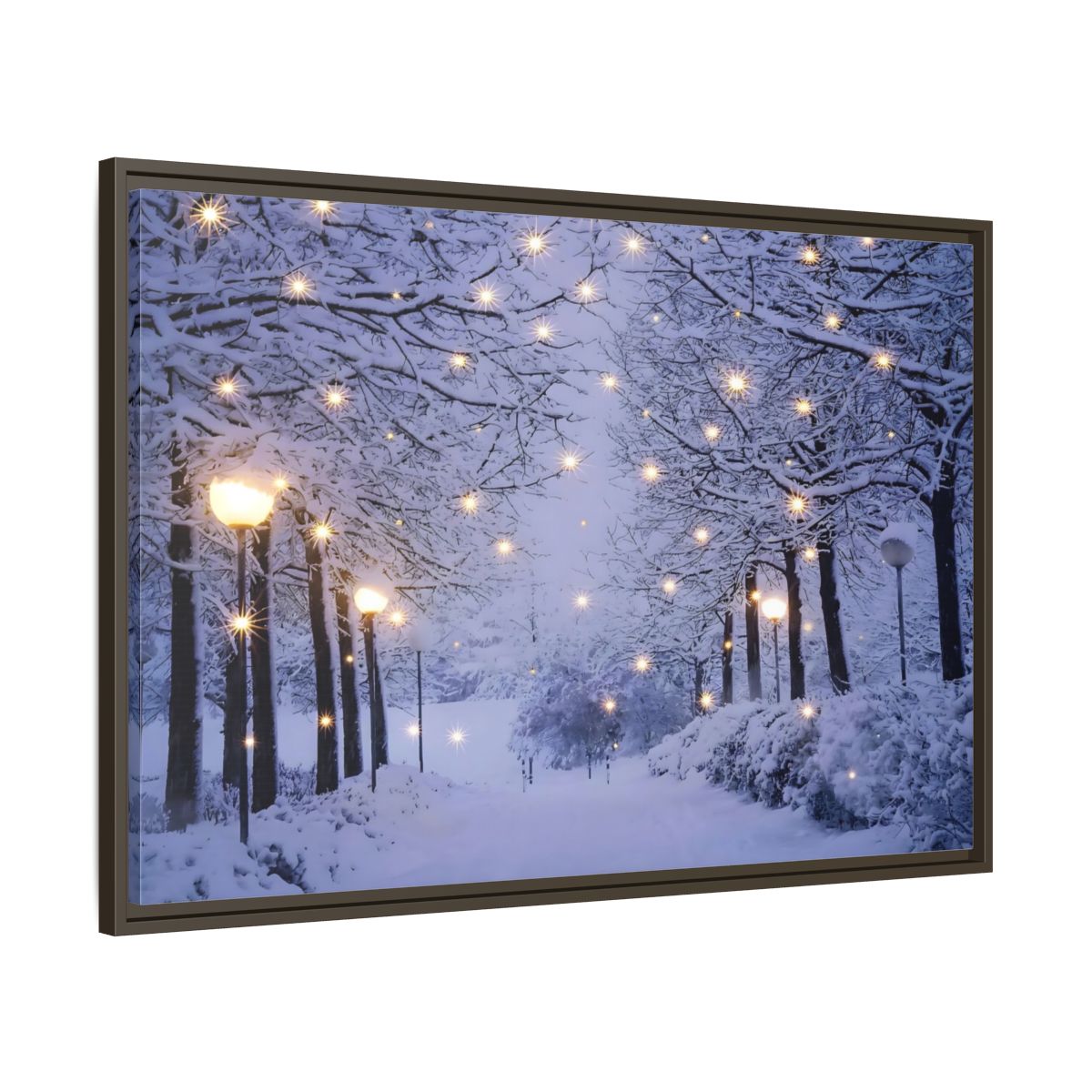 Side Mockup 9. Nature Snowy Forest Snowy Forest Lights shown as stretched canvas wall art