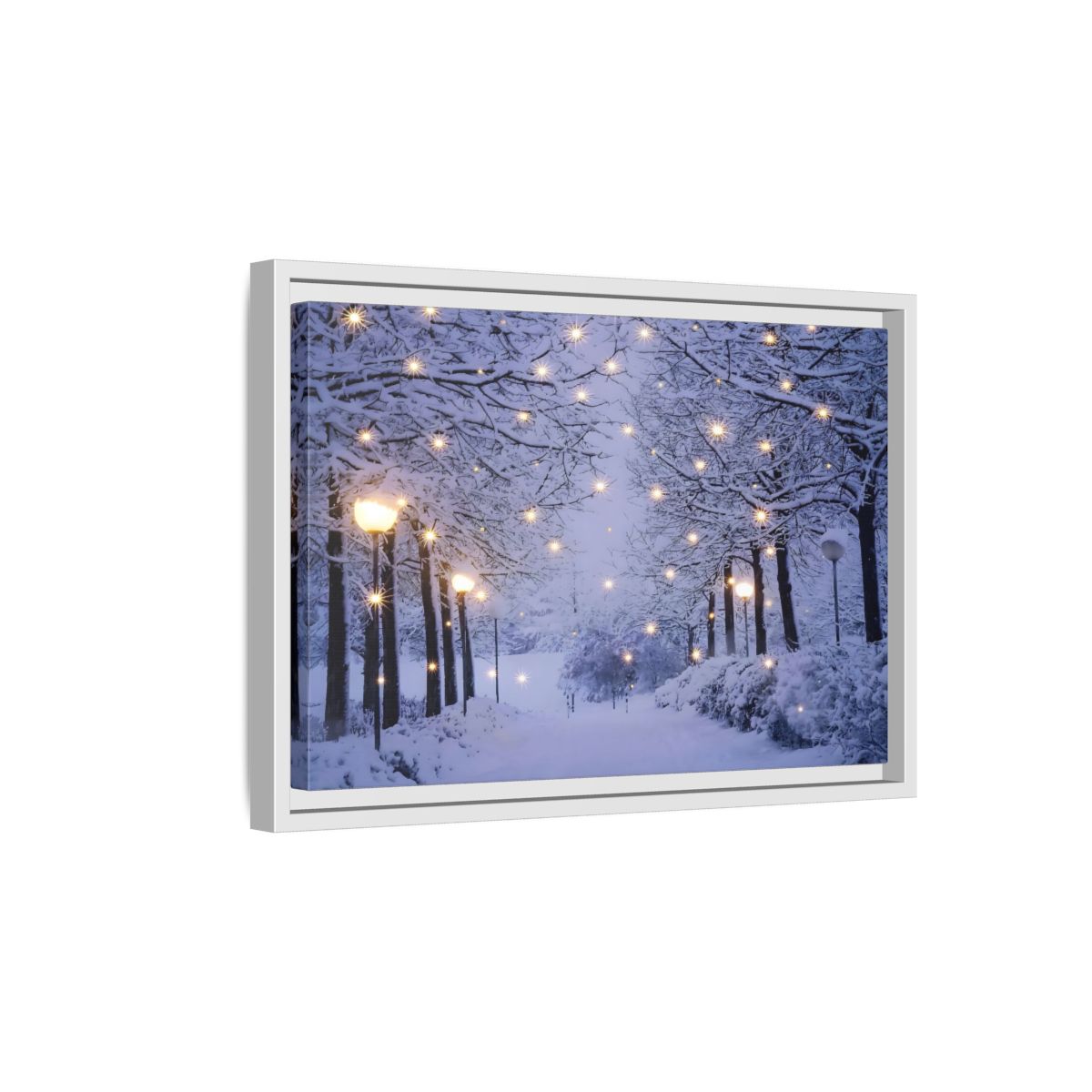 Side Mockup 4. Nature Snowy Forest Snowy Forest Lights shown as stretched canvas wall art