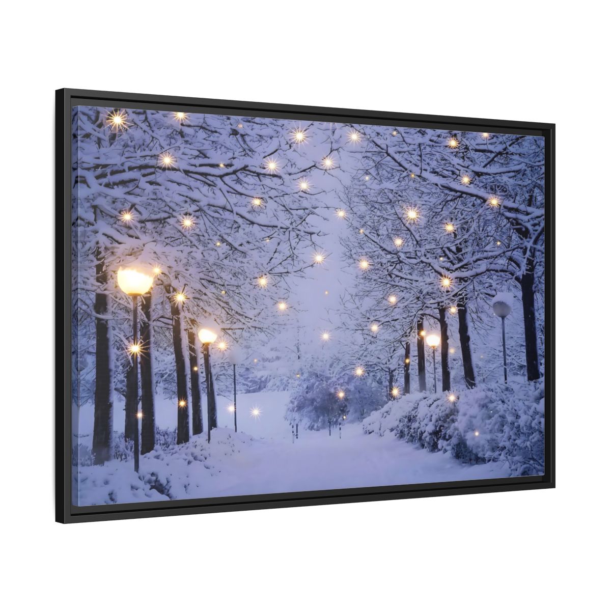 Side Mockup 13. Nature Snowy Forest Snowy Forest Lights shown as stretched canvas wall art
