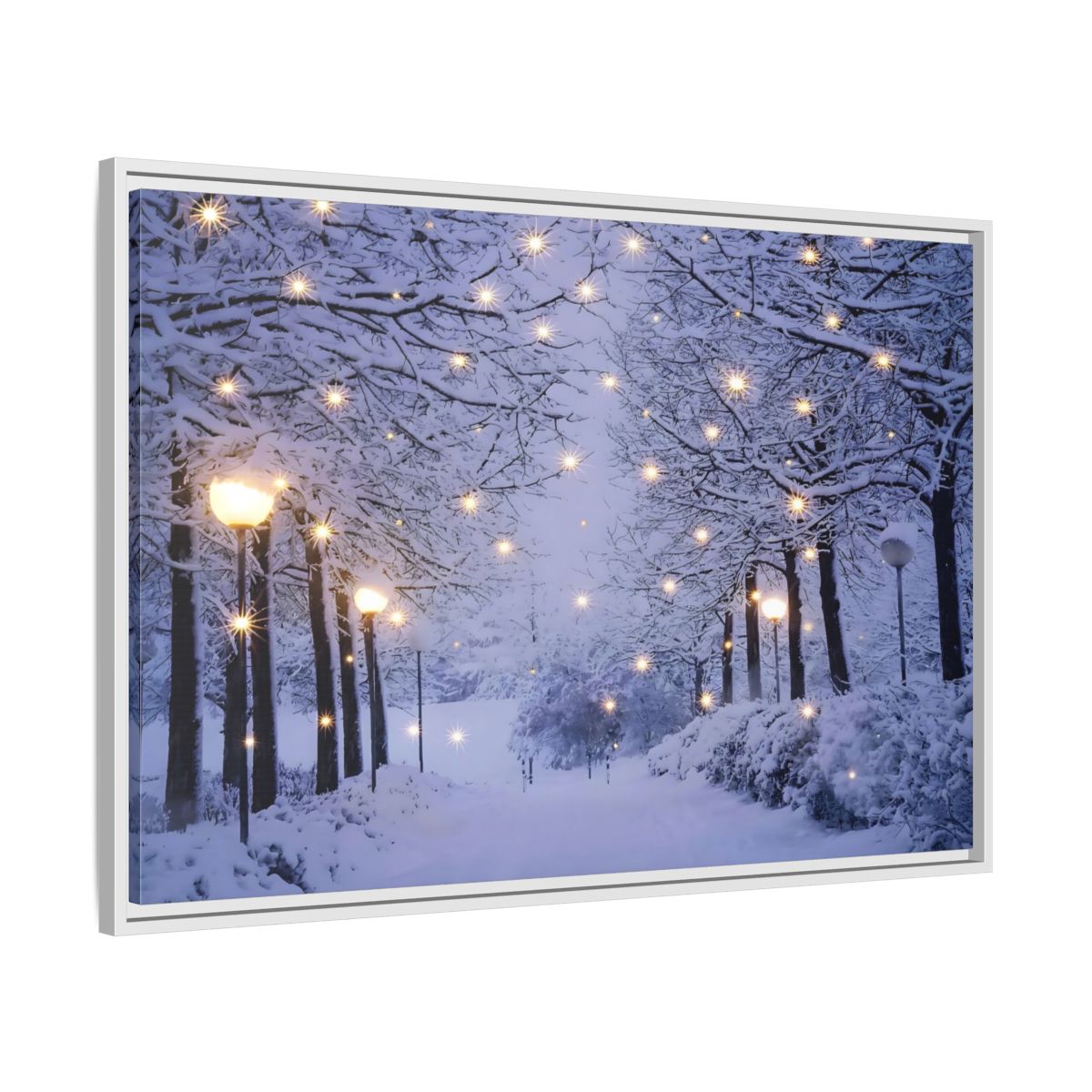 Side Mockup 8. Nature Snowy Forest Snowy Forest Lights shown as stretched canvas wall art