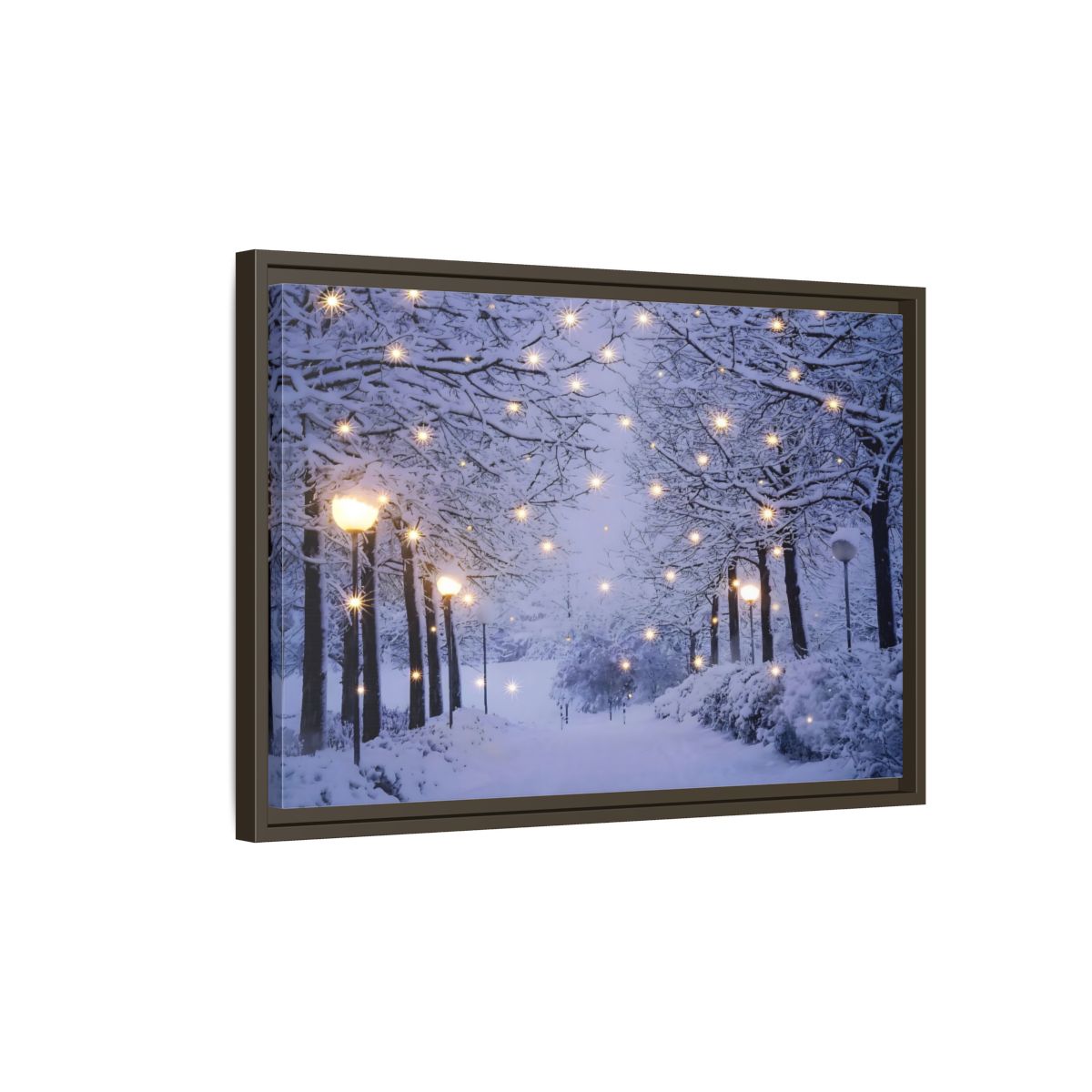 Side Mockup 2. Nature Snowy Forest Snowy Forest Lights shown as stretched canvas wall art