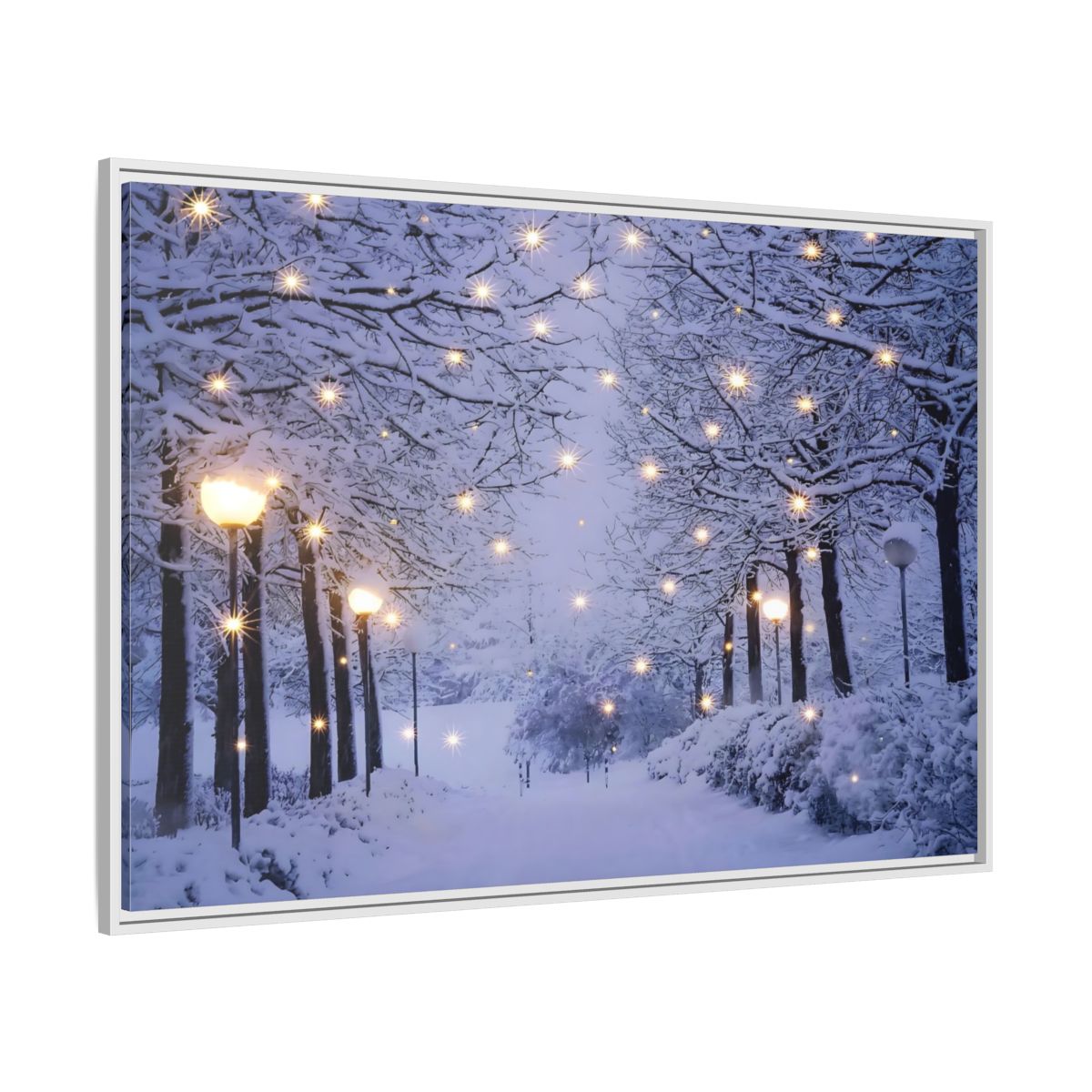 Side Mockup 7. Nature Snowy Forest Snowy Forest Lights shown as stretched canvas wall art