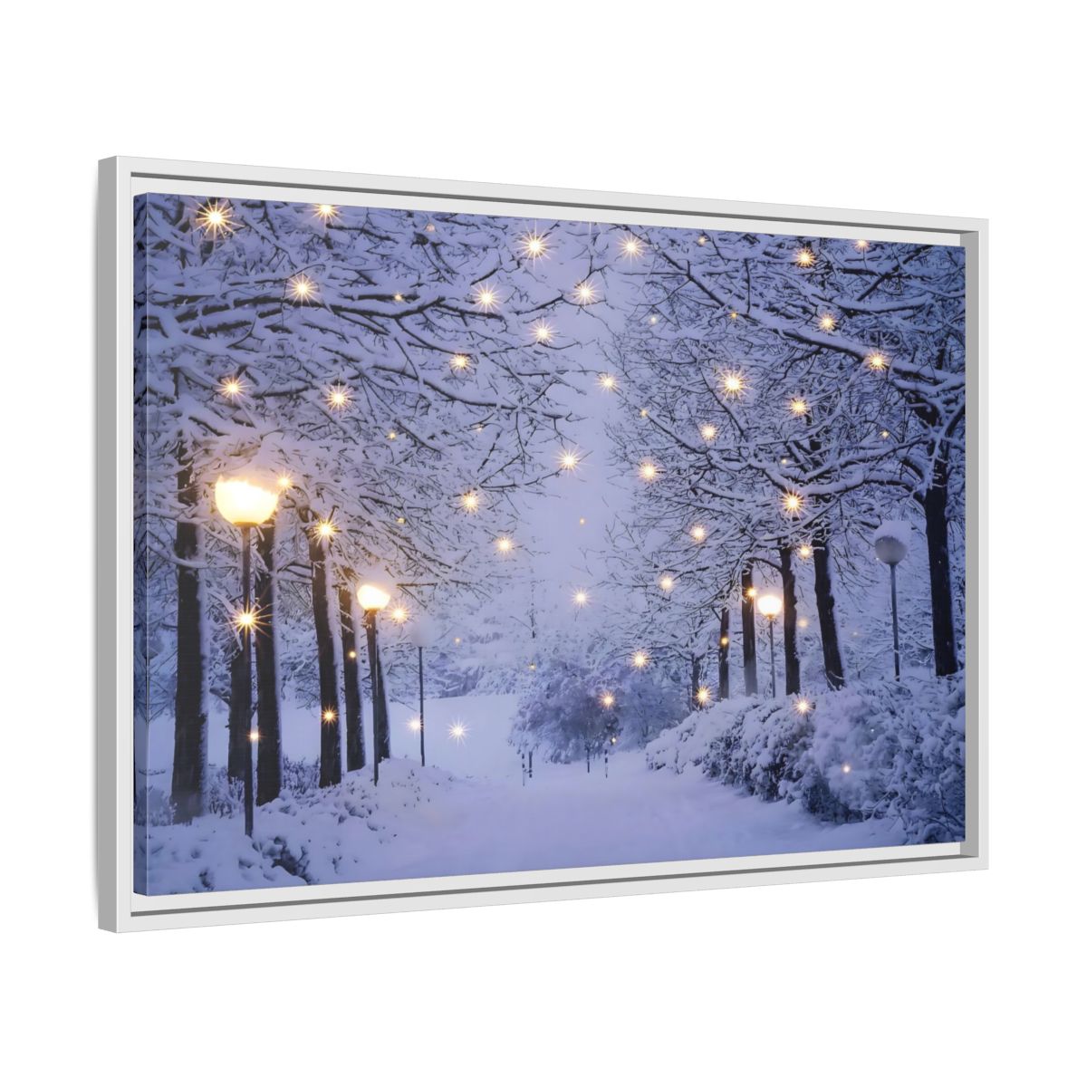 Side Mockup 10. Nature Snowy Forest Snowy Forest Lights shown as stretched canvas wall art