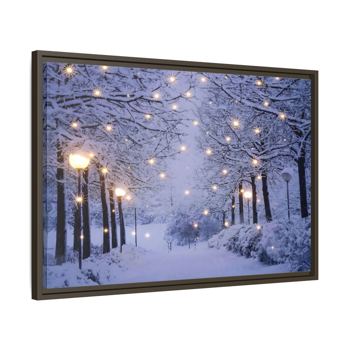 Side Mockup 11. Nature Snowy Forest Snowy Forest Lights shown as stretched canvas wall art