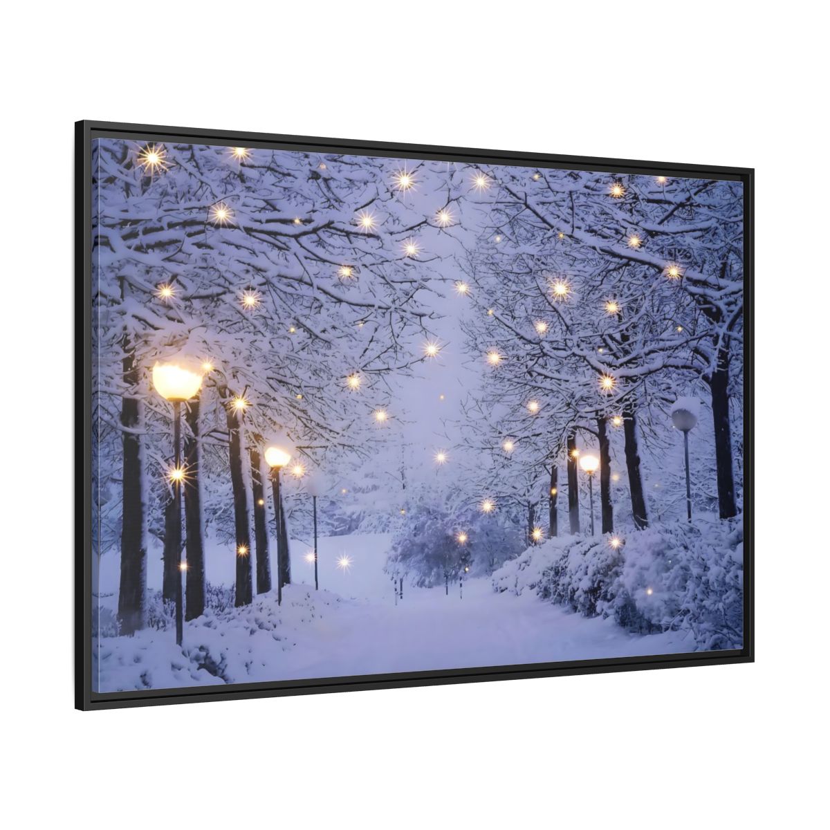 Side Mockup 12. Nature Snowy Forest Snowy Forest Lights shown as stretched canvas wall art