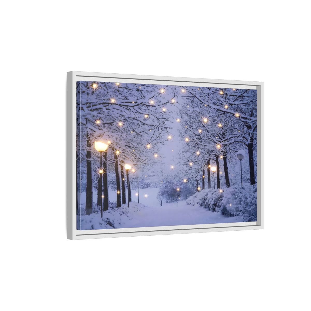 Side Mockup 1. Nature Snowy Forest Snowy Forest Lights shown as stretched canvas wall art