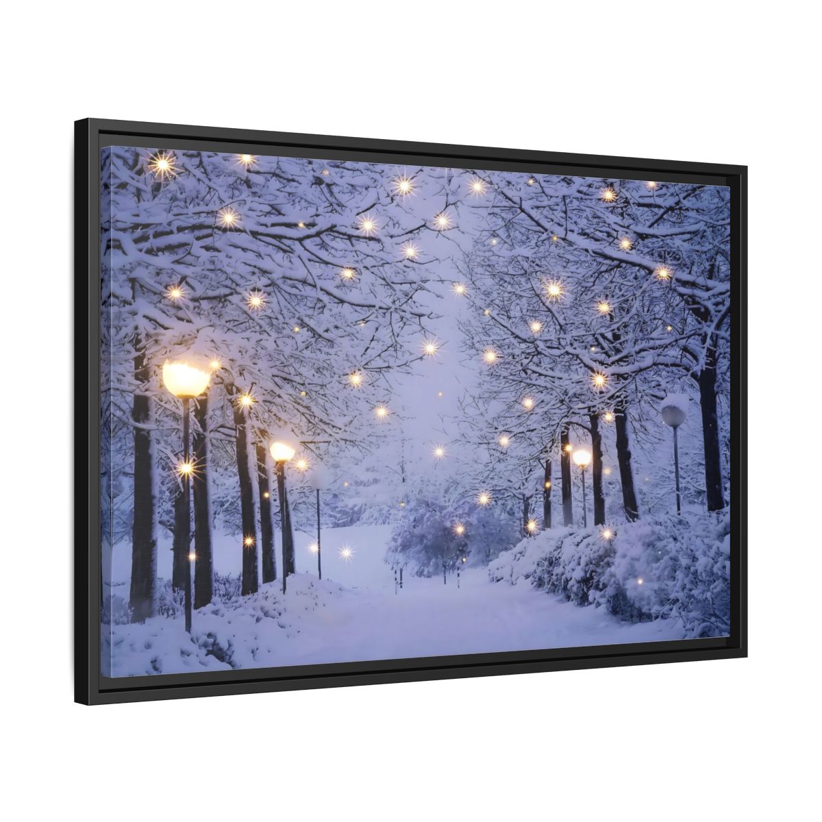 Side Mockup 14. Nature Snowy Forest Snowy Forest Lights shown as stretched canvas wall art