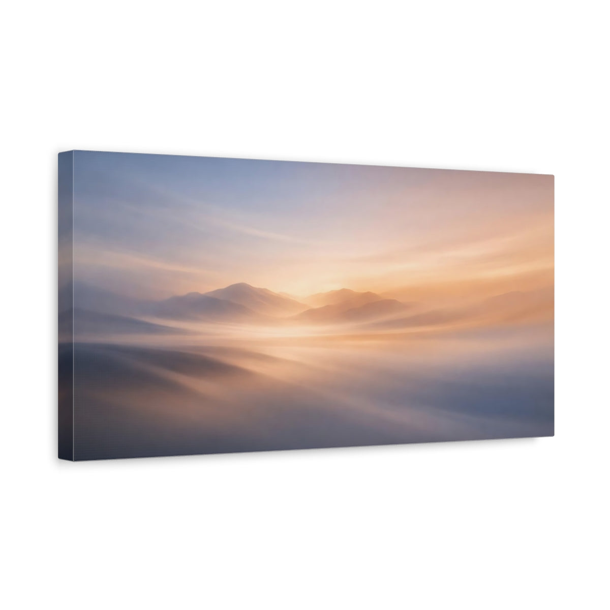 Side Mockup 3. Nature Misty Mountains Orange And Blue shown as stretched canvas wall art
