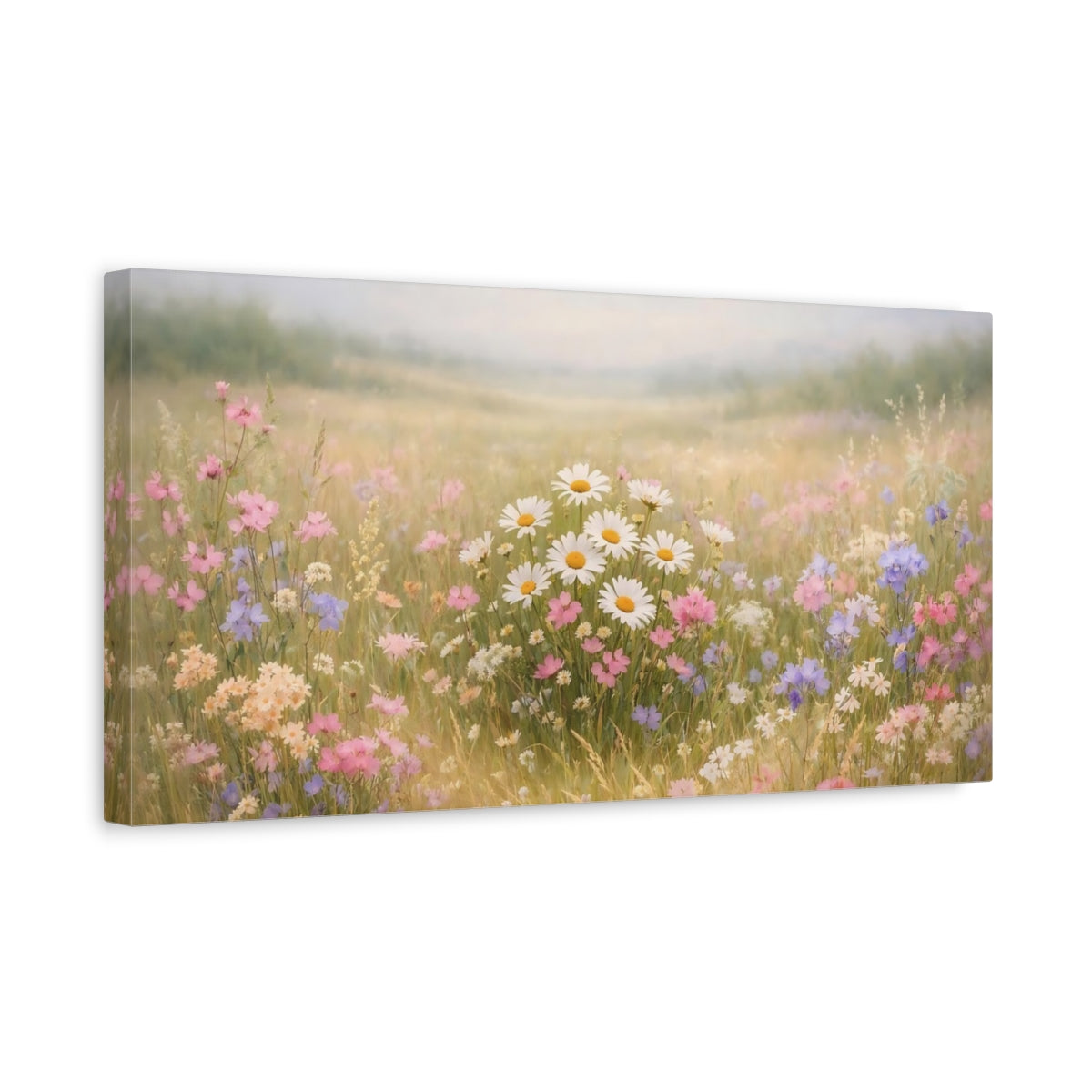 Side Mockup 3. Nature Wildflowers Pastel Wildflowers shown as stretched canvas wall art