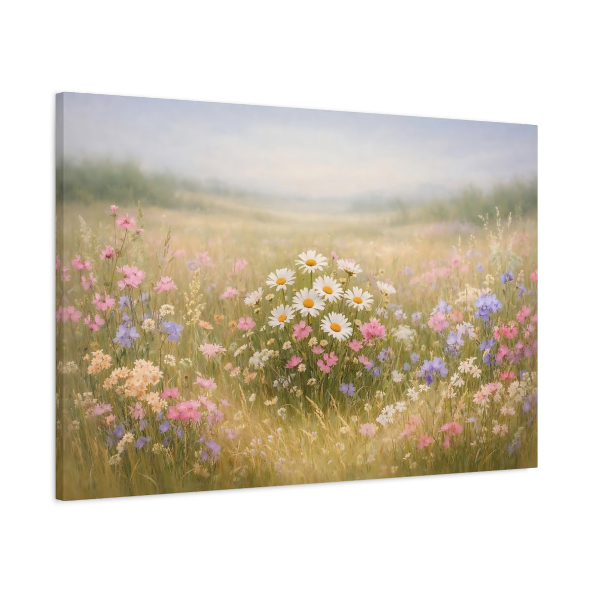 Side Mockup 1. Floral Wildflowers Pastel Wildflowers shown as stretched canvas wall art