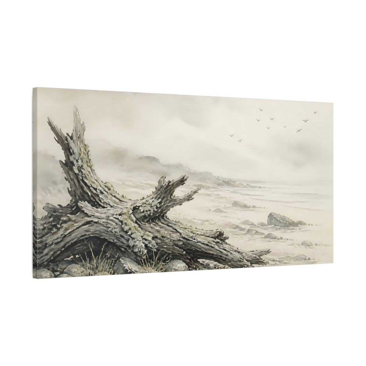 Main Mockup. Driftwood On Misty Shore shown as canvas print