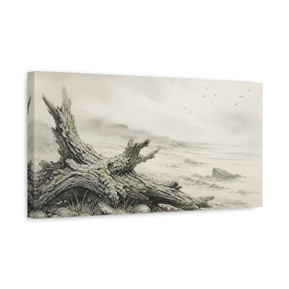 Side Mockup 3. Driftwood On Misty Shore shown as canvas print