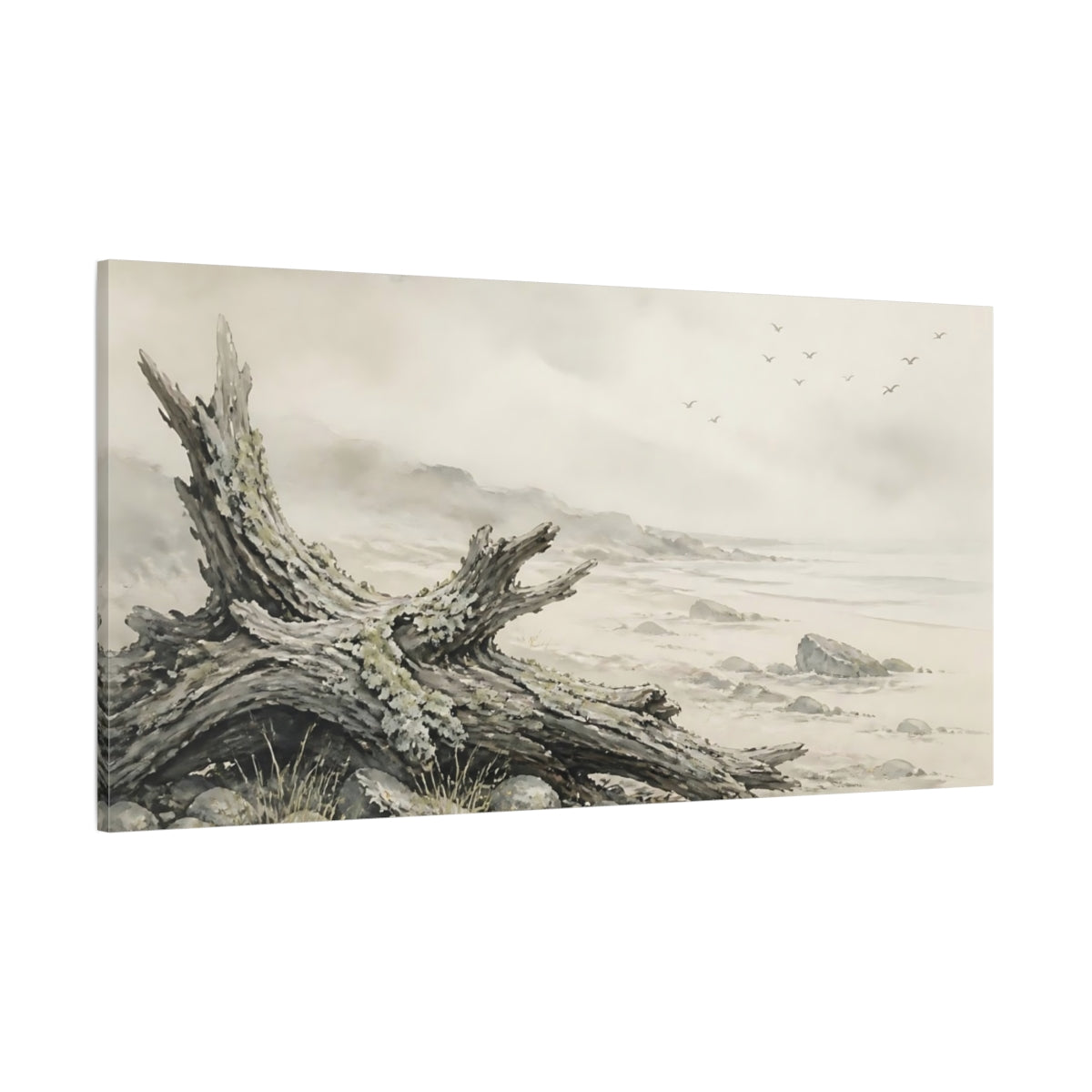 Side Mockup 2. Driftwood On Misty Shore shown as canvas print