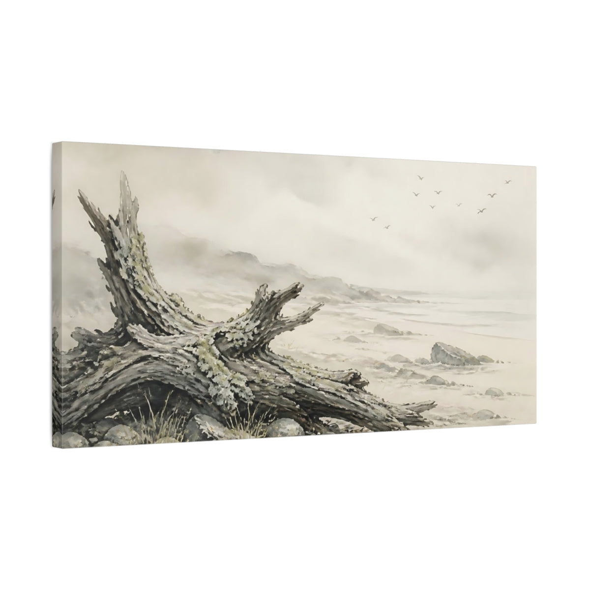 Side Mockup 1. Driftwood On Misty Shore shown as canvas print