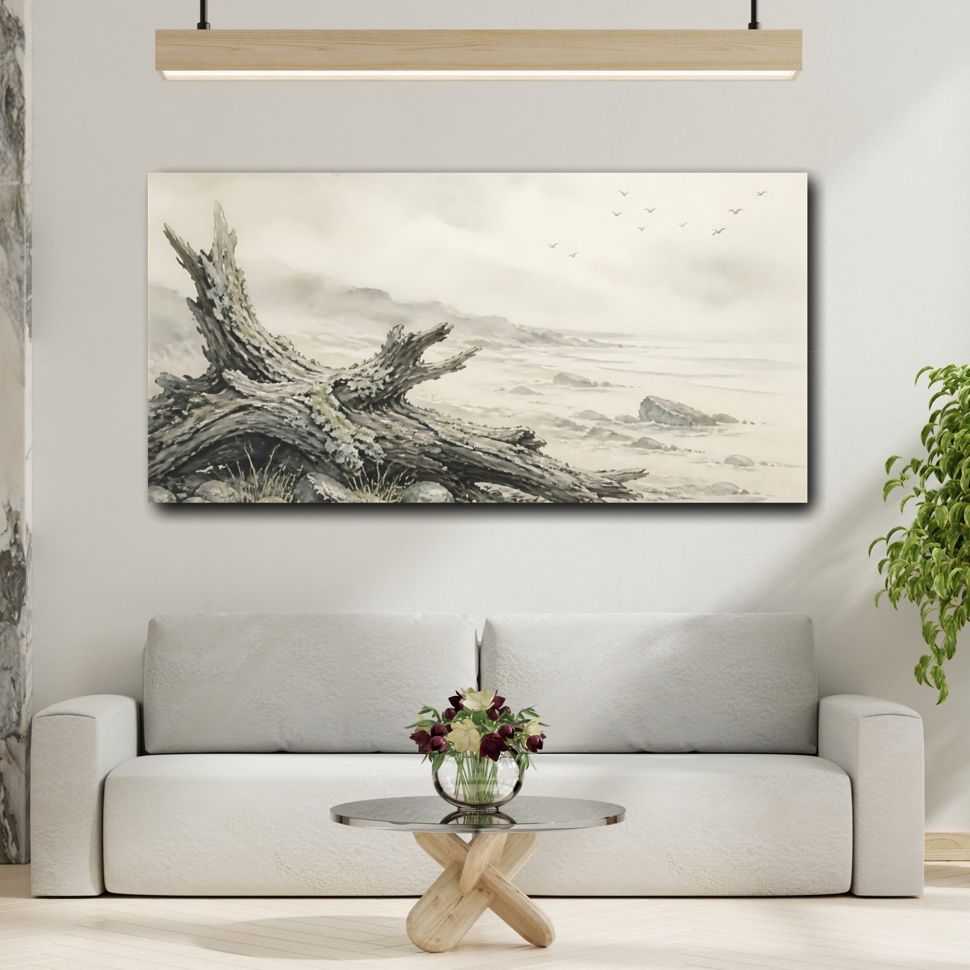 Mockup 2. Driftwood On Misty Shore shown as canvas print