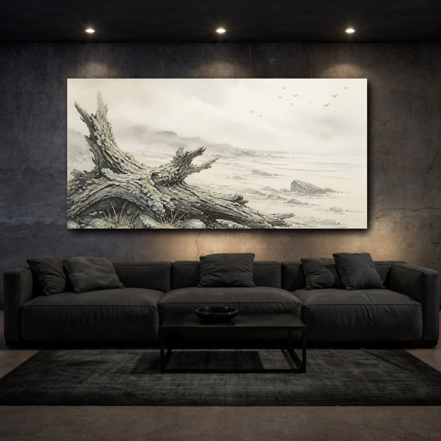 Mockup 3. Driftwood On Misty Shore shown as canvas print