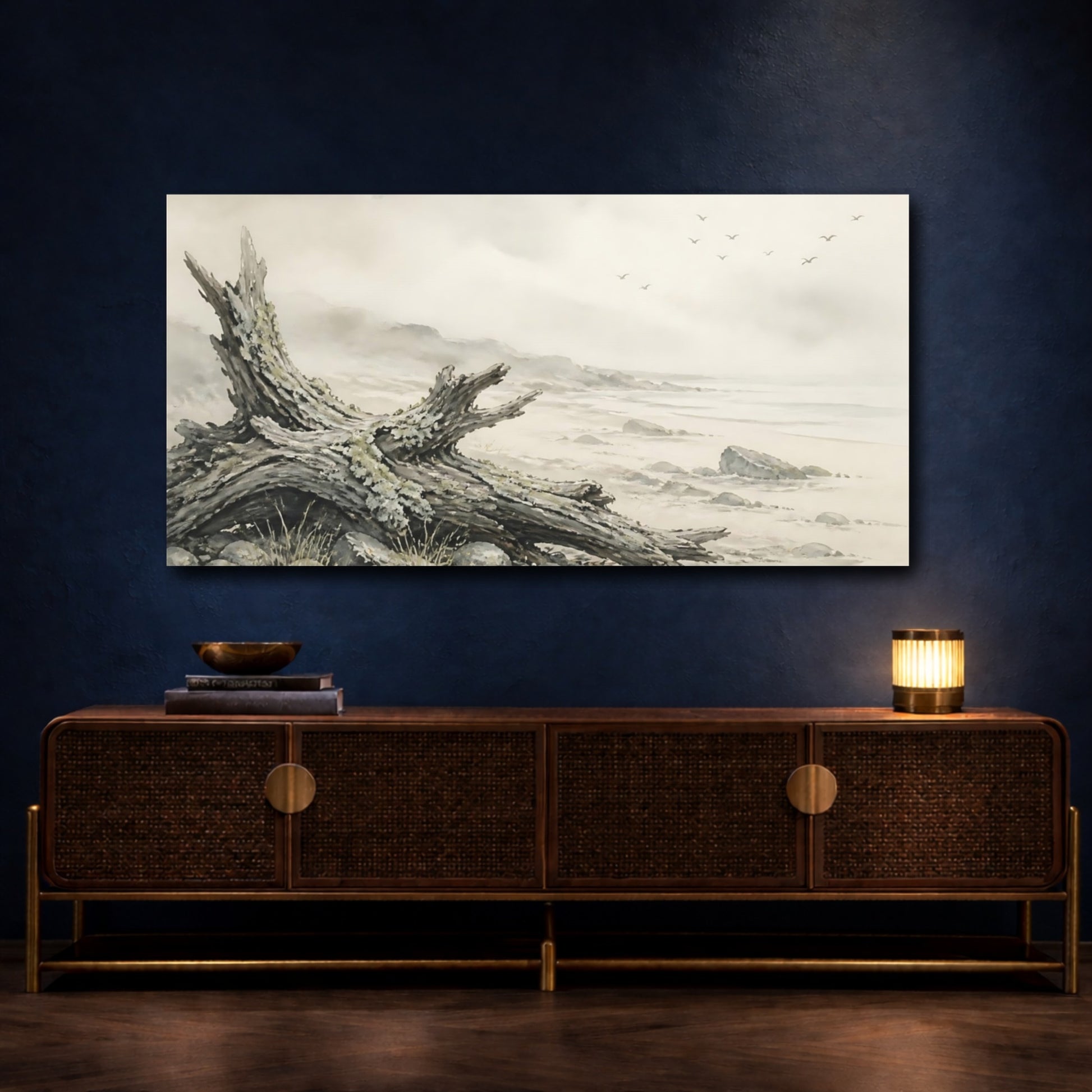 Mockup 4. Driftwood On Misty Shore shown as canvas print