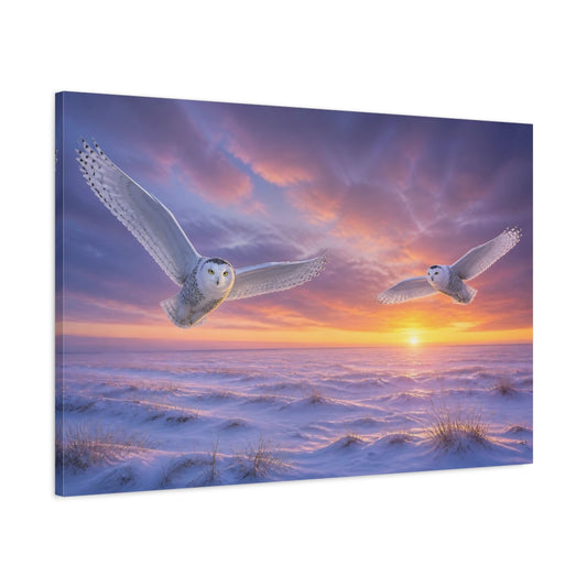 Main Mockup. Dusk Flight Of Snowy Owls shown as canvas print