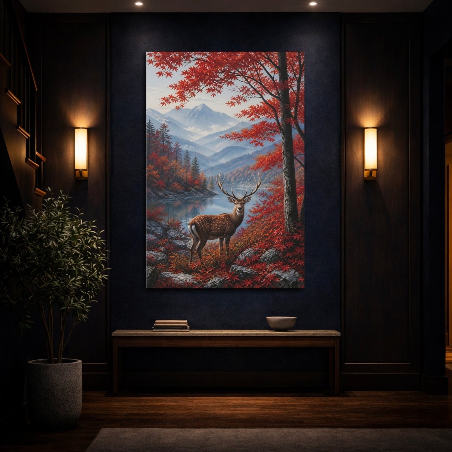 Dusty Blue - Grey Mountain Atmosphere Deer In Canvas Print – Realistic Decor for Living Room, Above Sofa - YesArtYes
