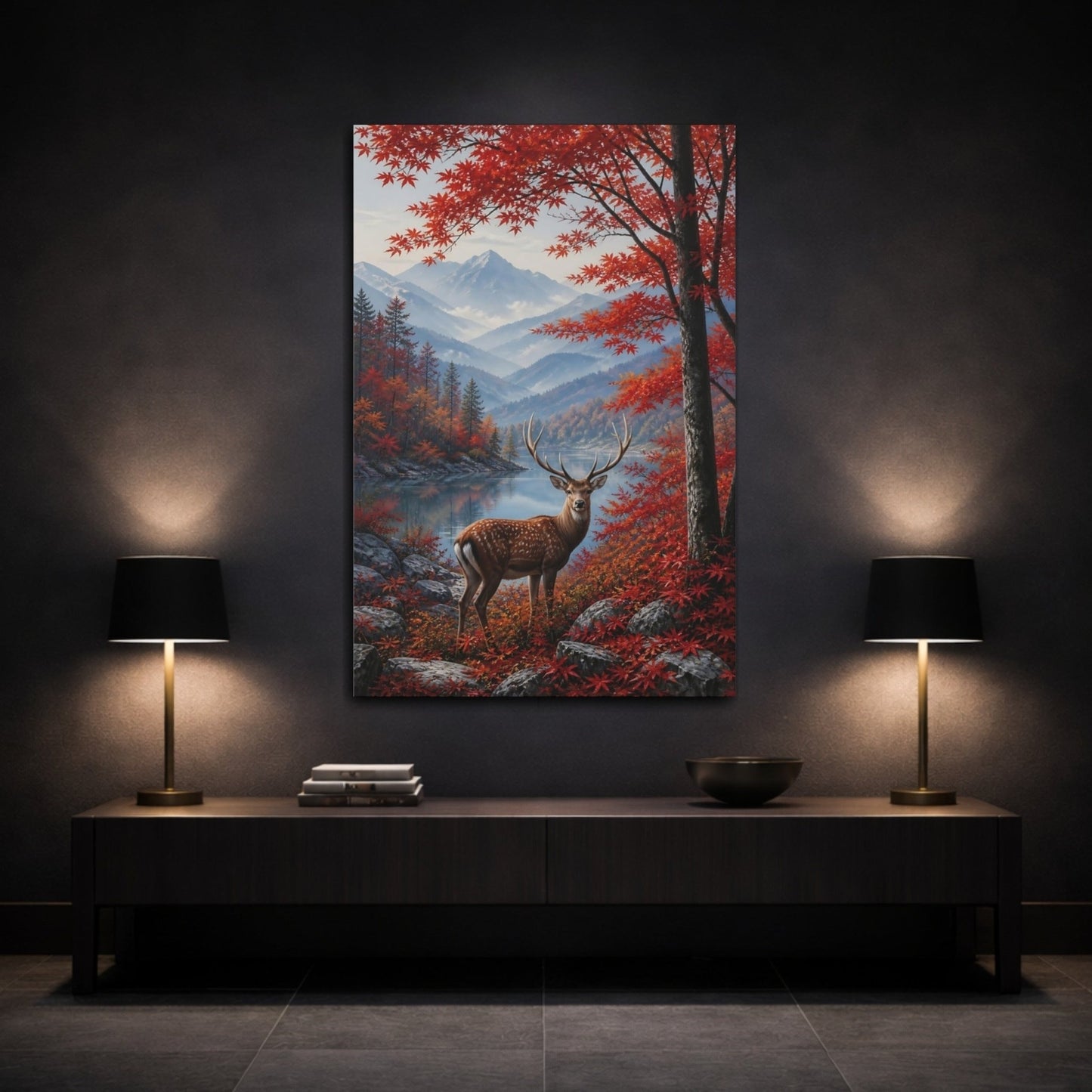 Dusty Blue - Grey Mountain Atmosphere Deer In Canvas Print – Realistic Decor for Living Room, Above Sofa - YesArtYes