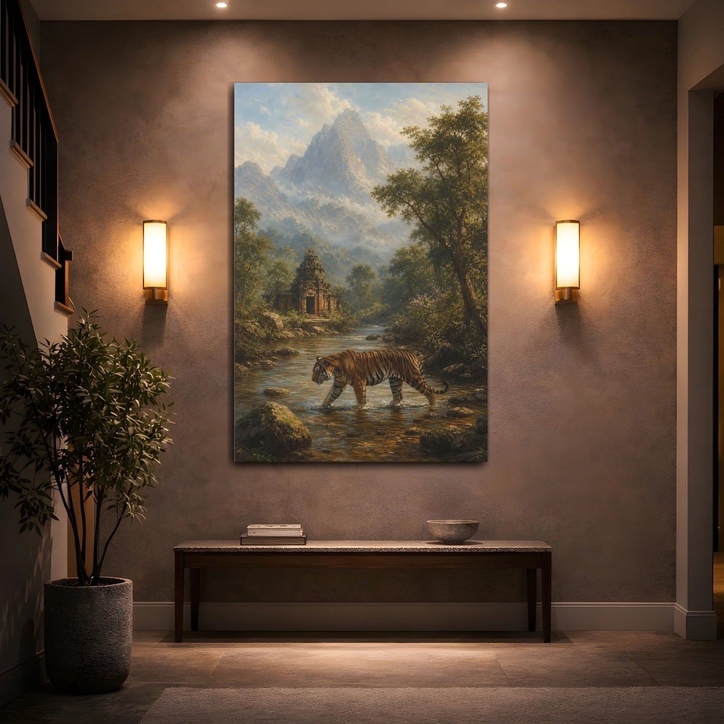 Dusty Blue - Grey Mountain Atmosphere Tiger Crossing Canvas Print – Living Room, Above Console Table - YesArtYes