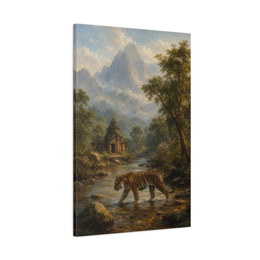 Dusty Blue - Grey Mountain Atmosphere Tiger Crossing Canvas Print – Living Room, Above Console Table - YesArtYes