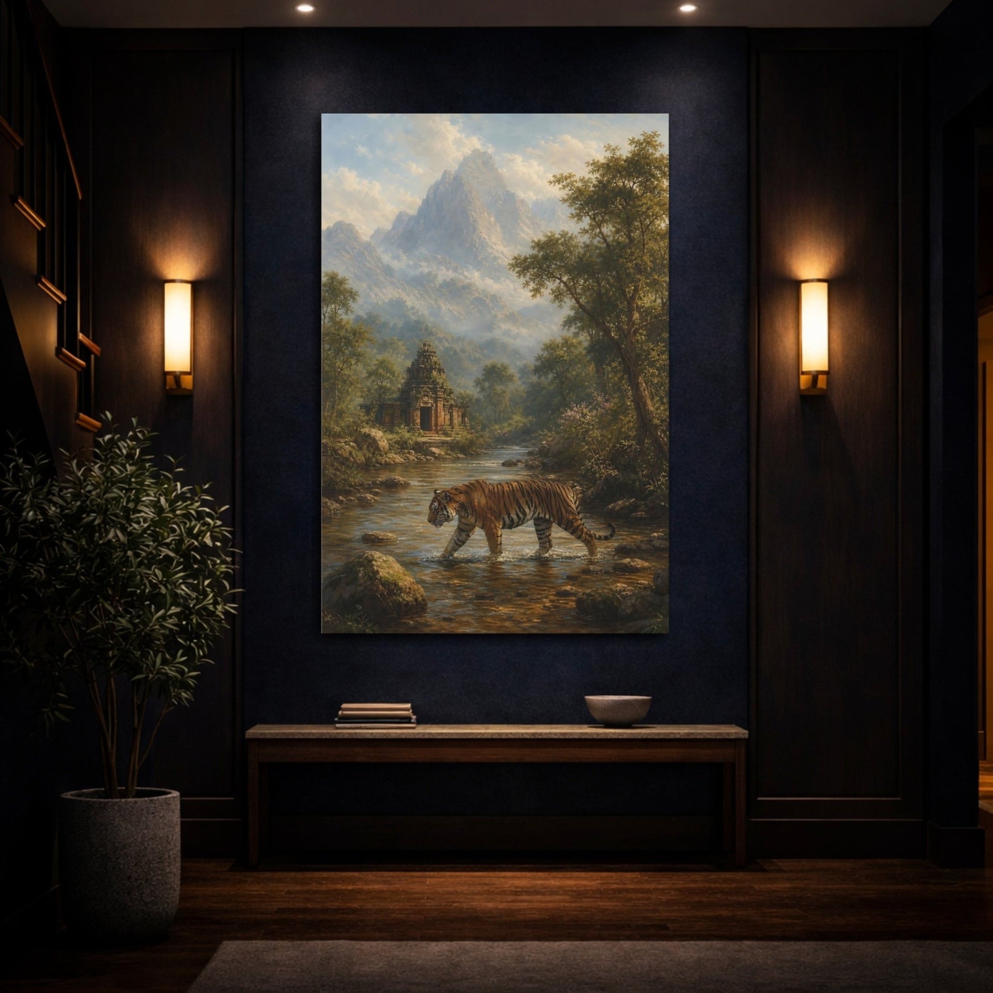 Dusty Blue - Grey Mountain Atmosphere Tiger Crossing Canvas Print – Living Room, Above Console Table - YesArtYes