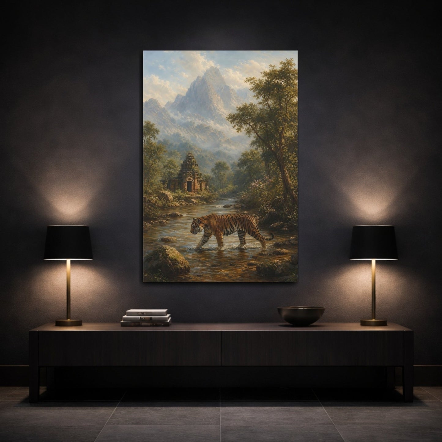 Dusty Blue - Grey Mountain Atmosphere Tiger Crossing Canvas Print – Living Room, Above Console Table - YesArtYes
