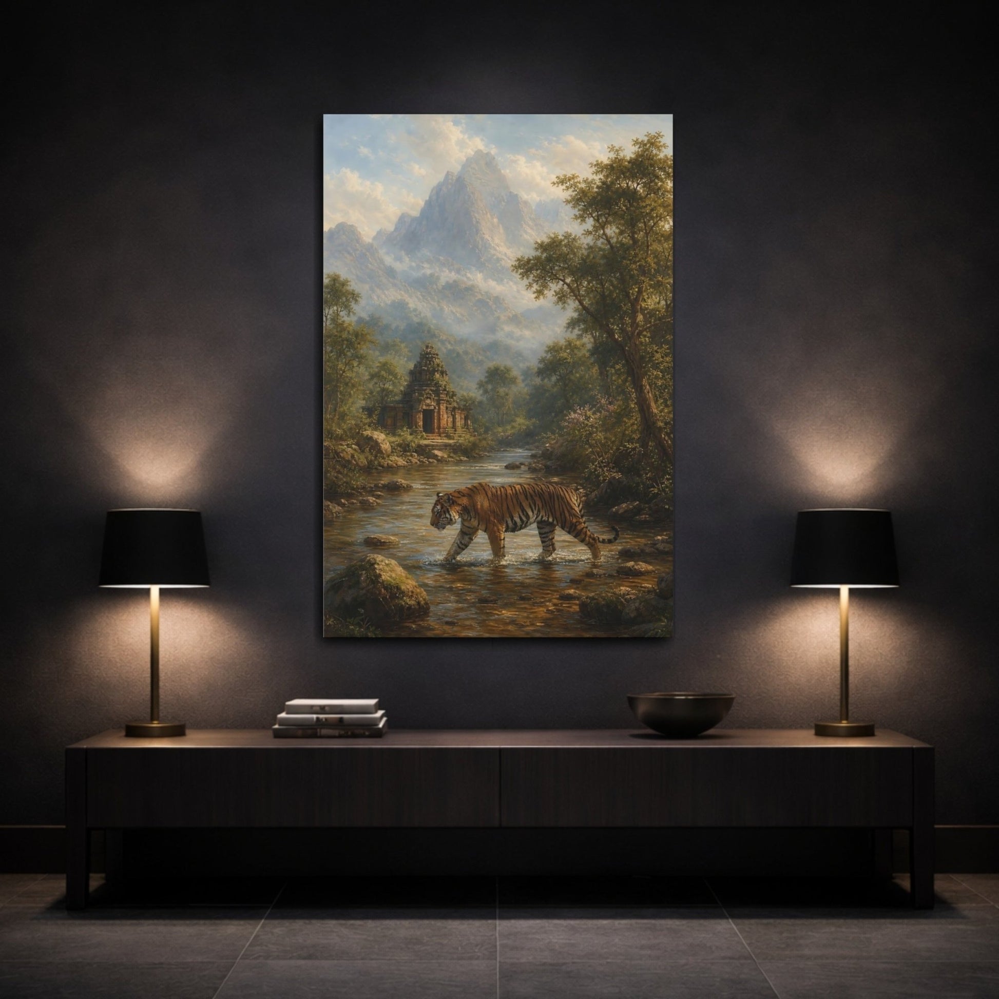 Dusty Blue - Grey Mountain Atmosphere Tiger Crossing Canvas Print – Living Room, Above Console Table - YesArtYes