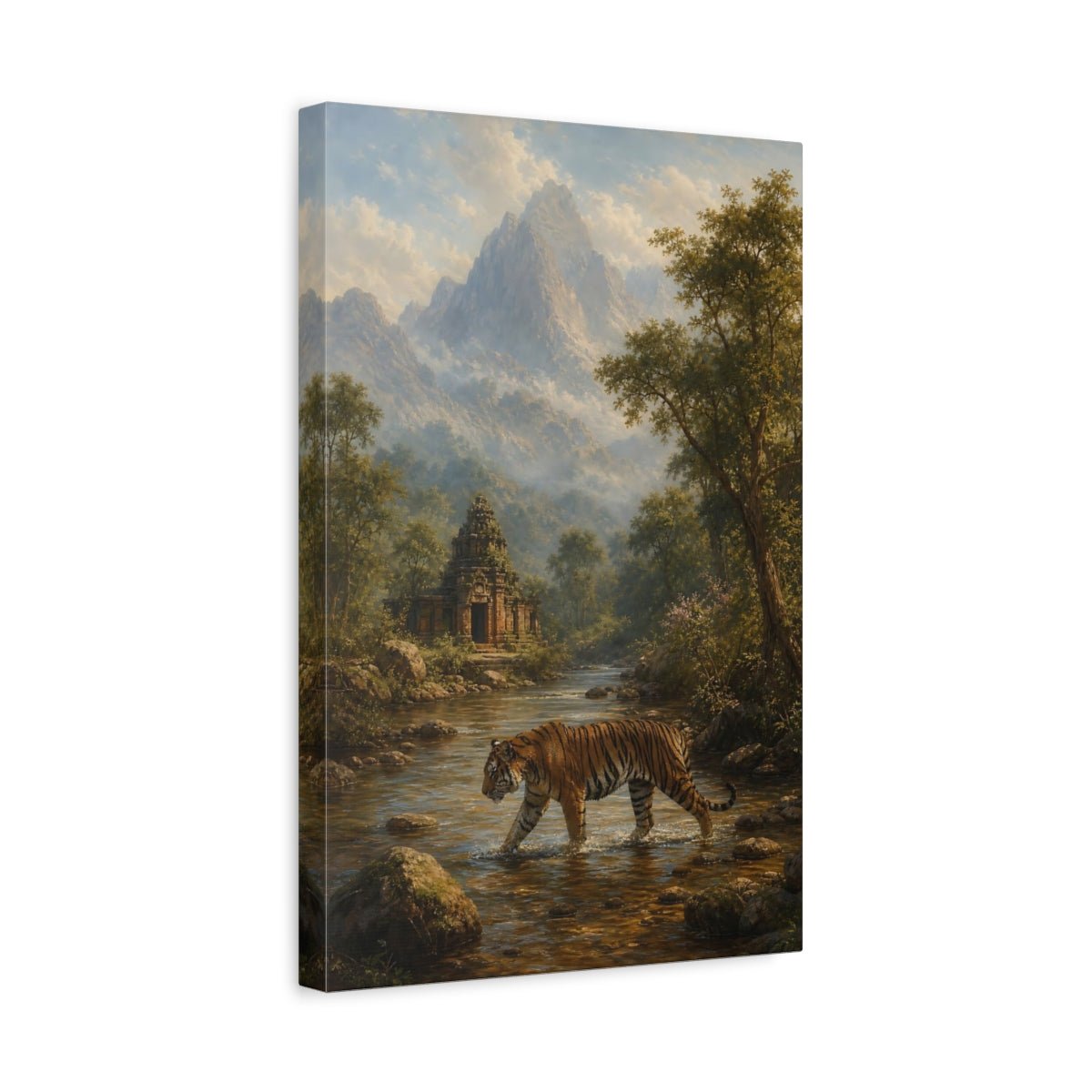 Dusty Blue - Grey Mountain Atmosphere Tiger Crossing Canvas Print – Living Room, Above Console Table - YesArtYes