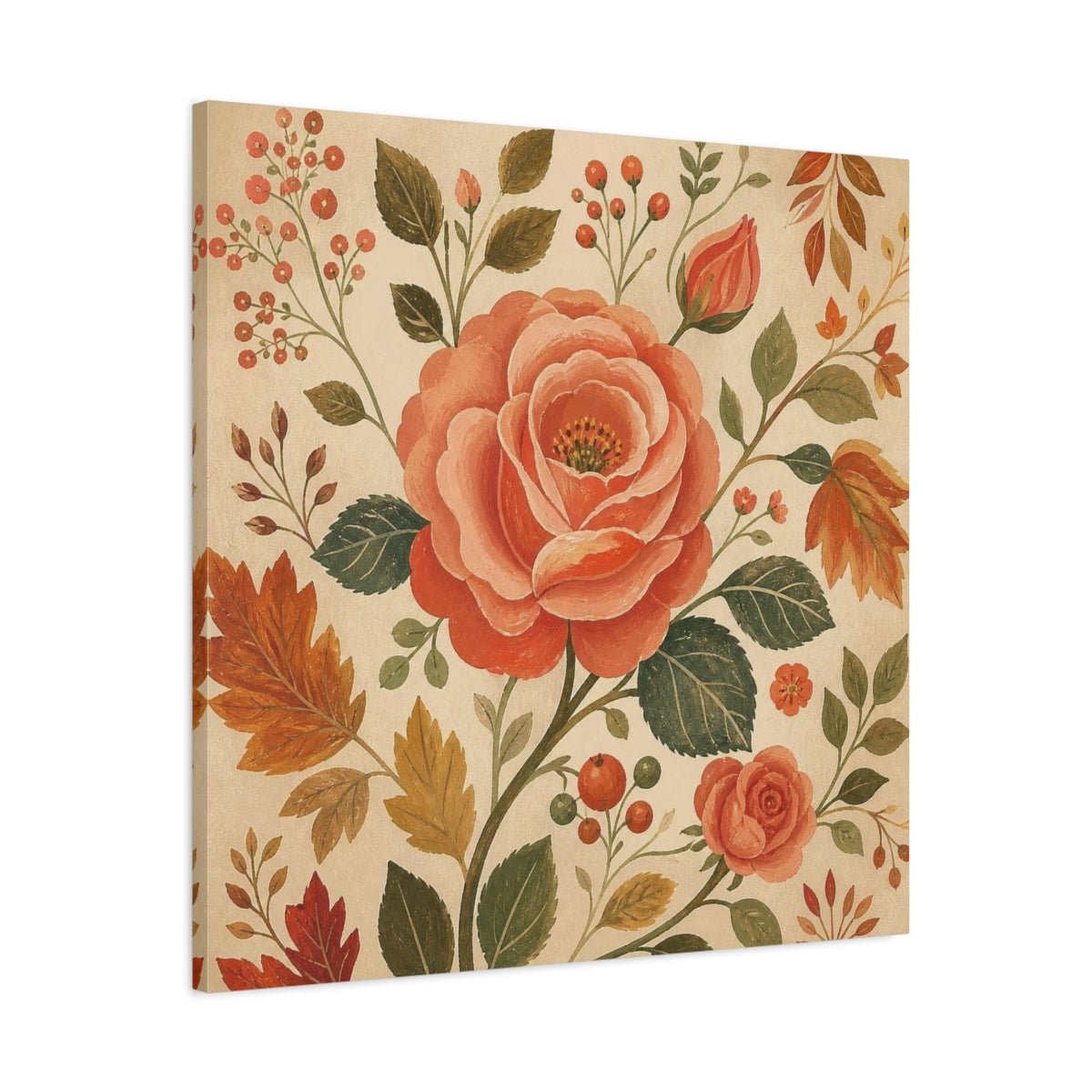 Dusty Coral Rose Canvas Print – Living Room, Above Sofa, Moss Green, Aged Cr - YesArtYes