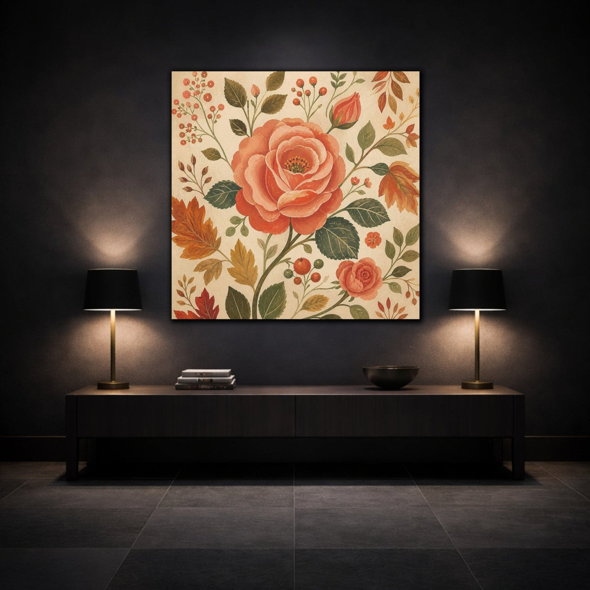 Dusty Coral Rose Canvas Print – Living Room, Above Sofa, Moss Green, Aged Cr - YesArtYes