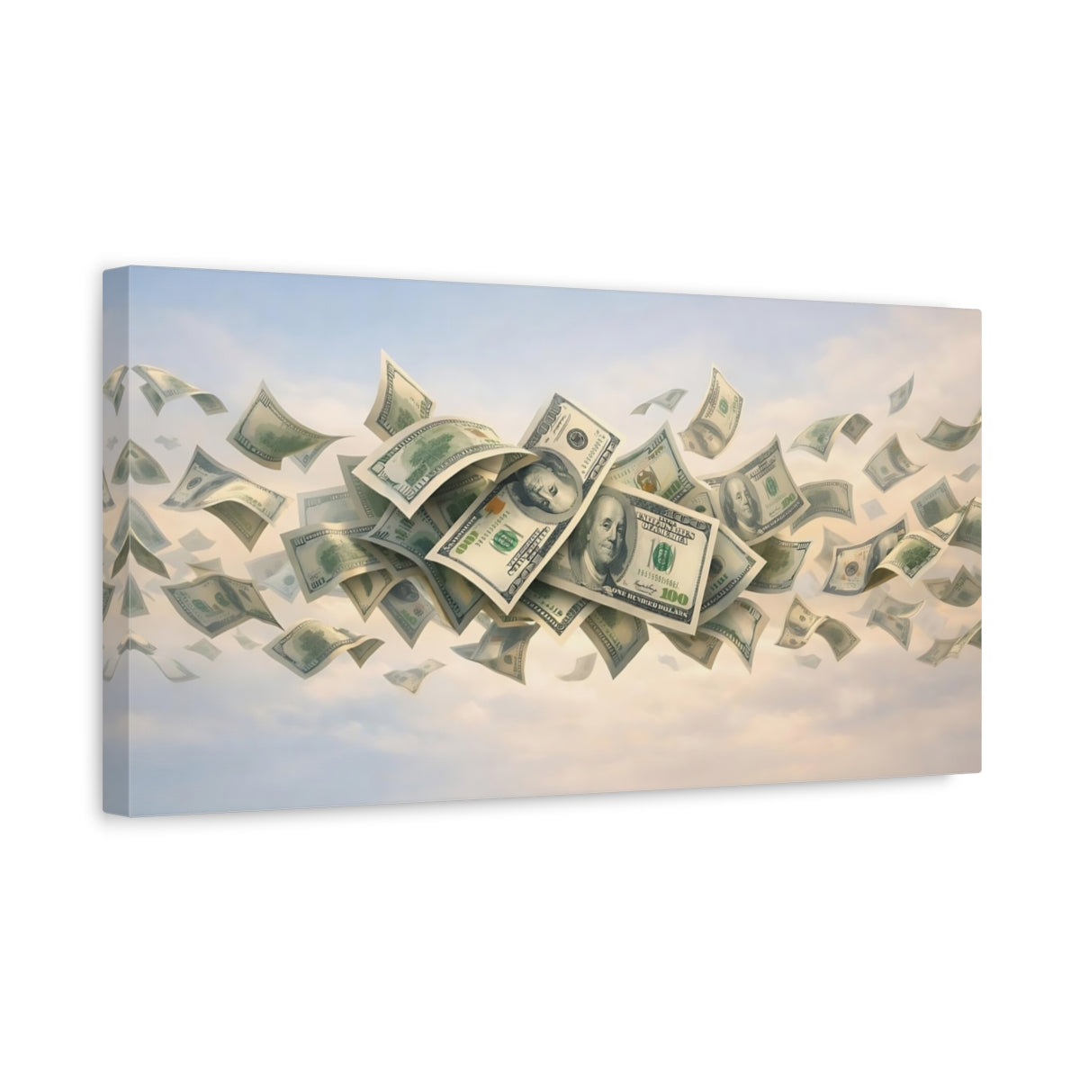 Side Mockup 3. Abstract Falling Money Money Blue Sky shown as stretched canvas wall art