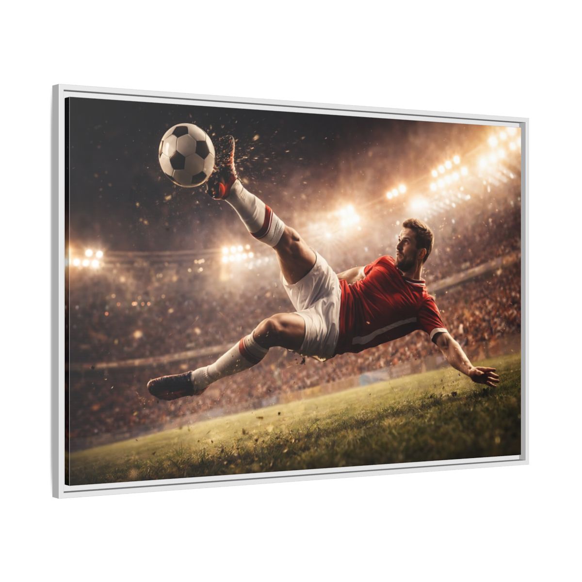Side Mockup 7. Sports Soccer Player Soccer Action shown as stretched canvas wall art