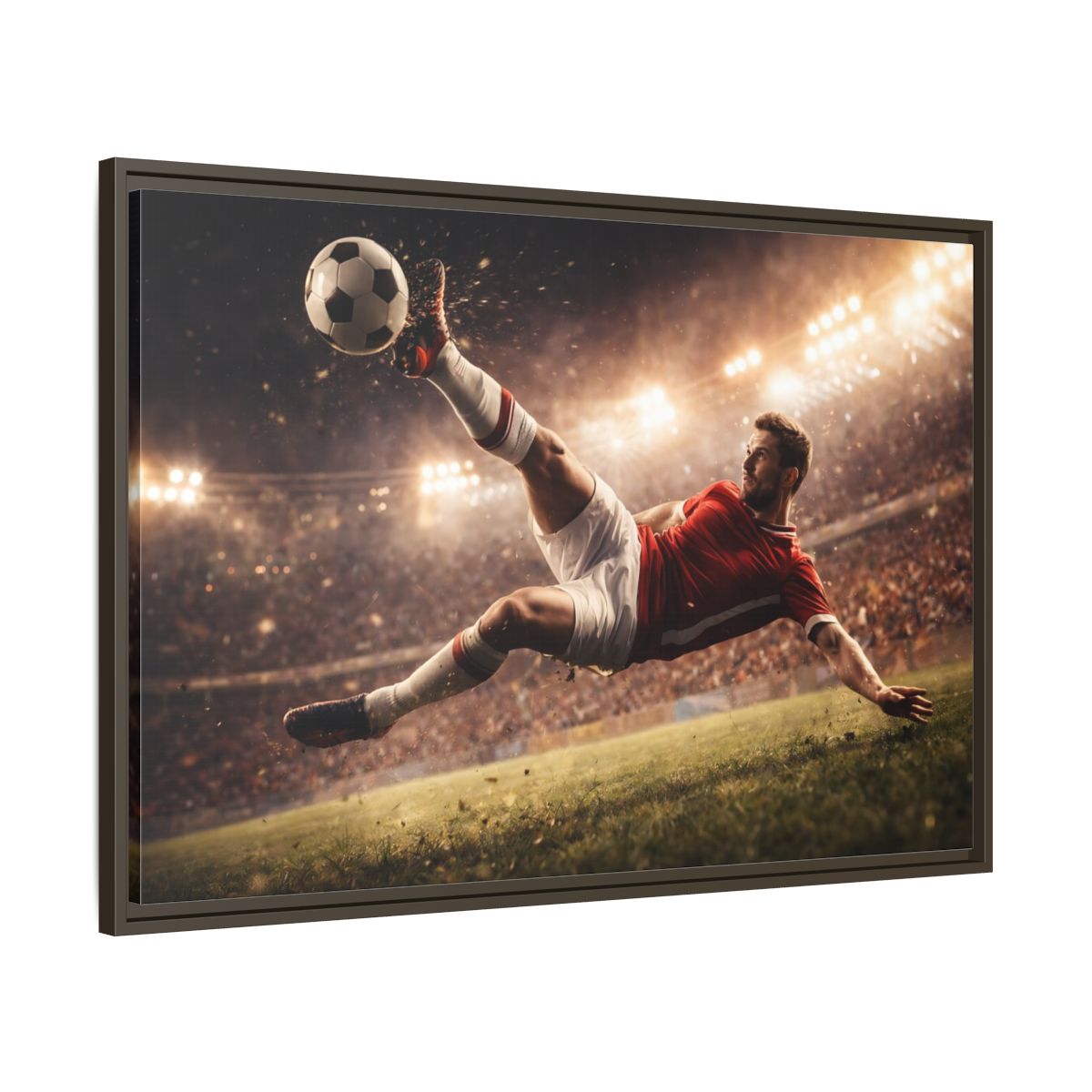 Side Mockup 9. Sports Soccer Player Soccer Action shown as stretched canvas wall art